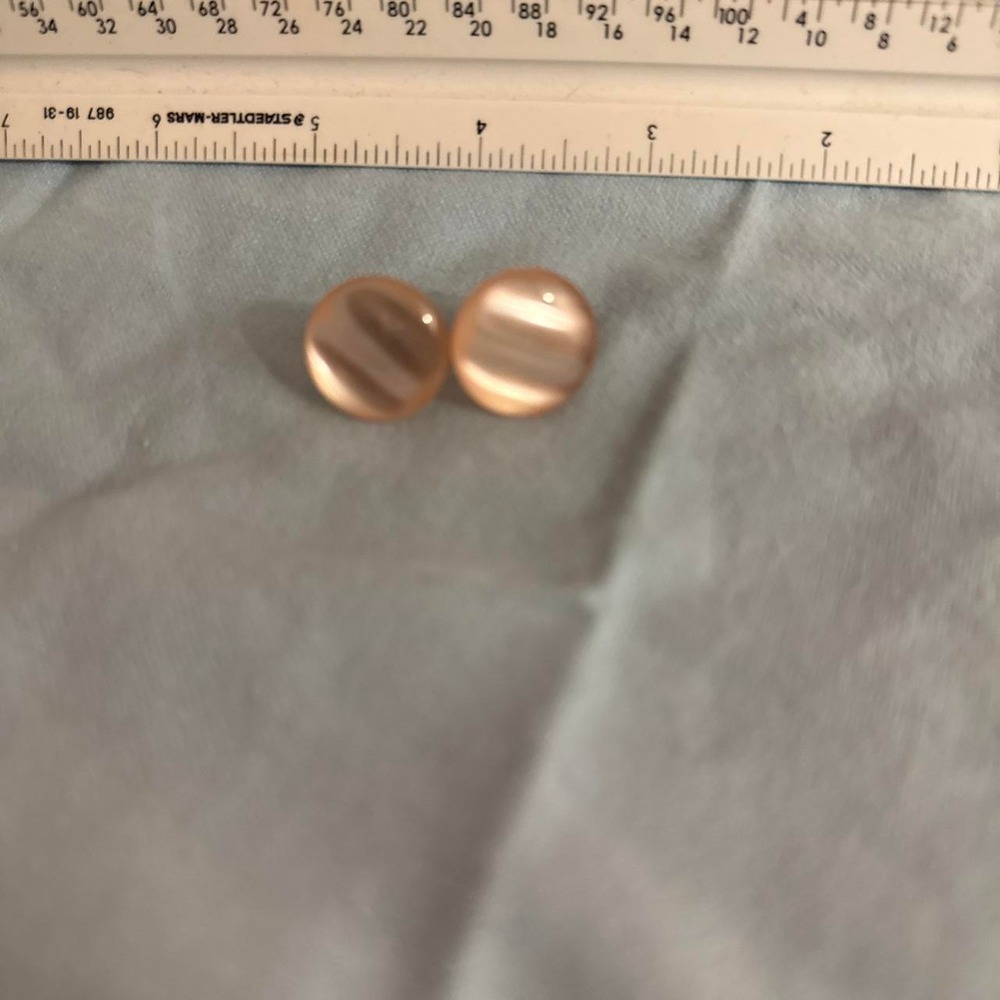 Pink and White Striped Button Earrings Gold Tone Studs Round Classic Accessory